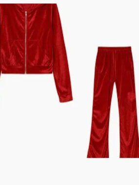 Red Velour Velvet Set Hoodie and Long Pants Women's Tracksuit